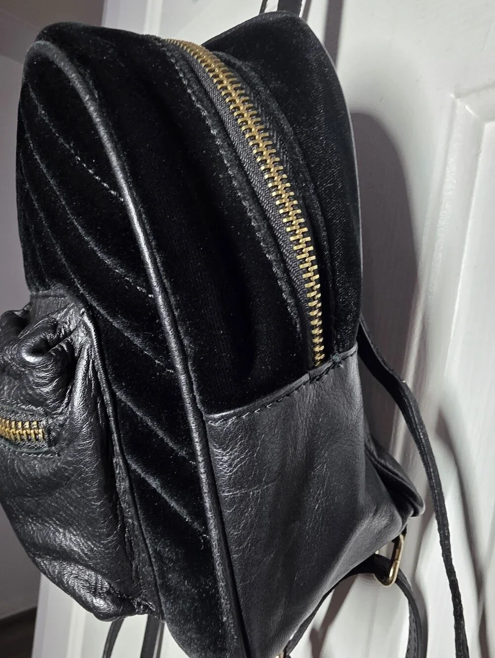 Designer Genuine Leather & Black Velvet Small Backpack